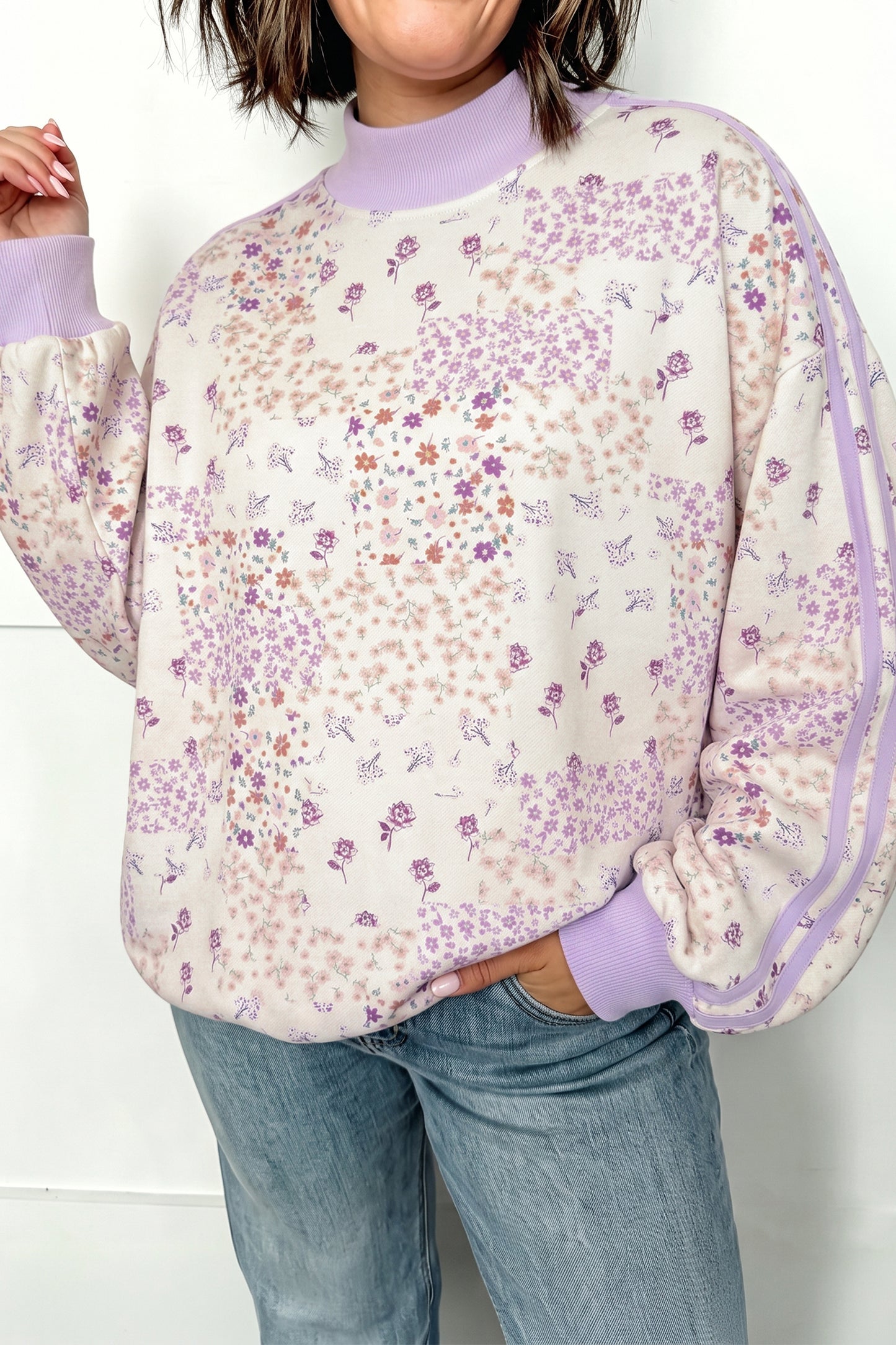 Purple Floral Print High Neck Colorblock Sleeve Paneling Sweatshirt