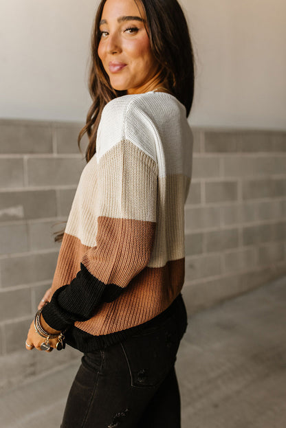 Pull col rond en maille à blocs de couleurs 