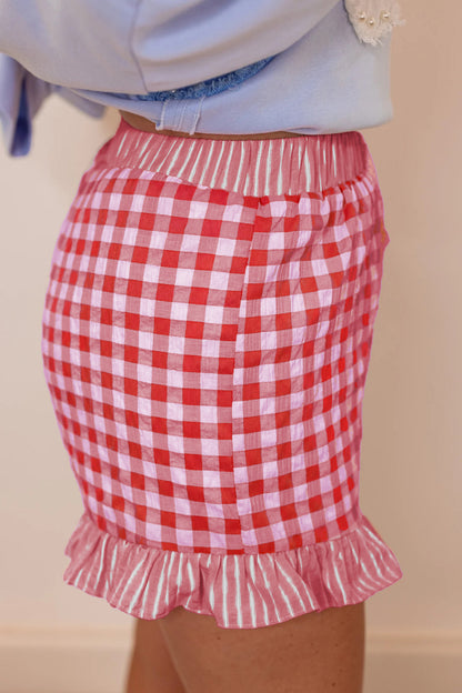 Red Gingham Print Ruffle Striped Detail Lace Tie Shorts