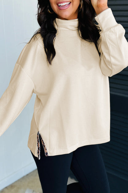 Beige Mock Neck Long Sleeve Leopard Detail Split Hem Top