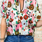 Pink Floral Print Slit V Neck Short Sleeve Blouse