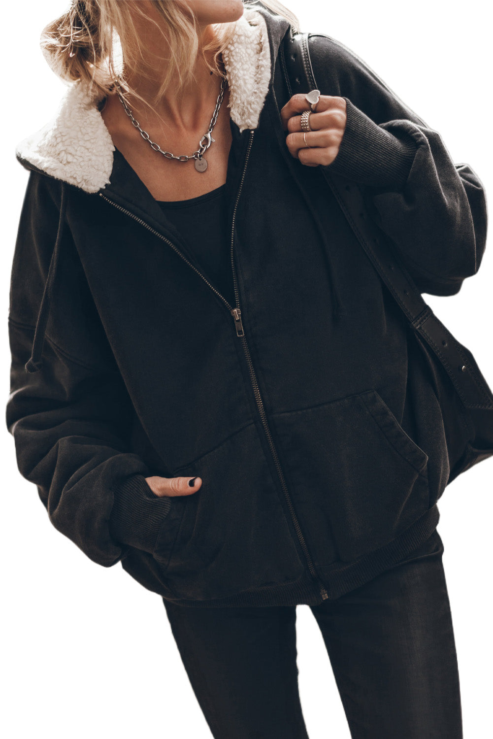 Sweat-shirt à capuche zippé Athleisure en sherpa noir 