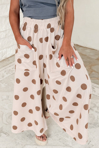 Khaki Polka Dot Wide Leg Elastic Waist Casual Pants