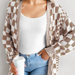 Brown Checkered Bubble Sleeve Drop Shoulder Open Cardigan