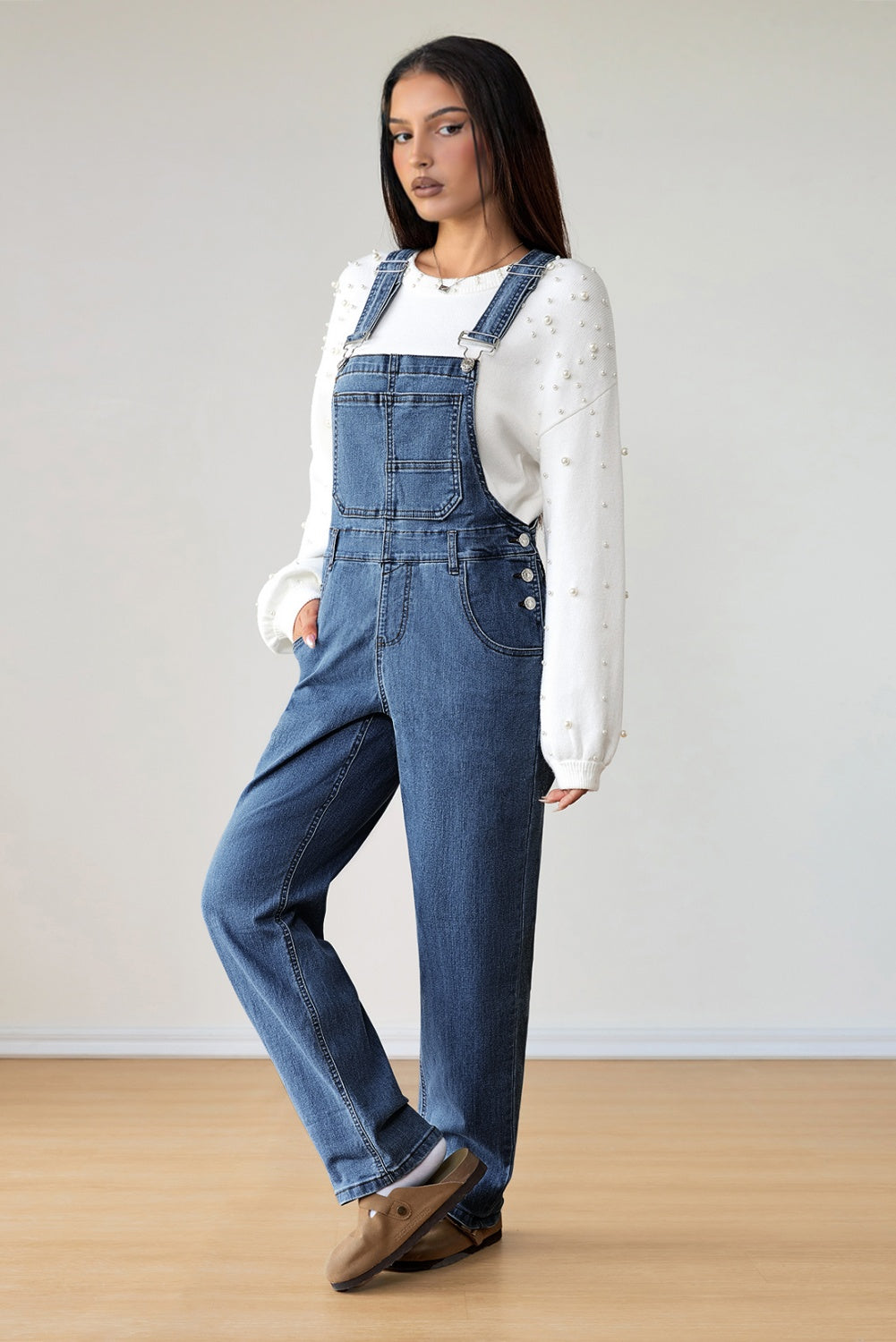 Dark Blue Retro Bib Pocket Buckle Straps Casual Denim Jumpsuit