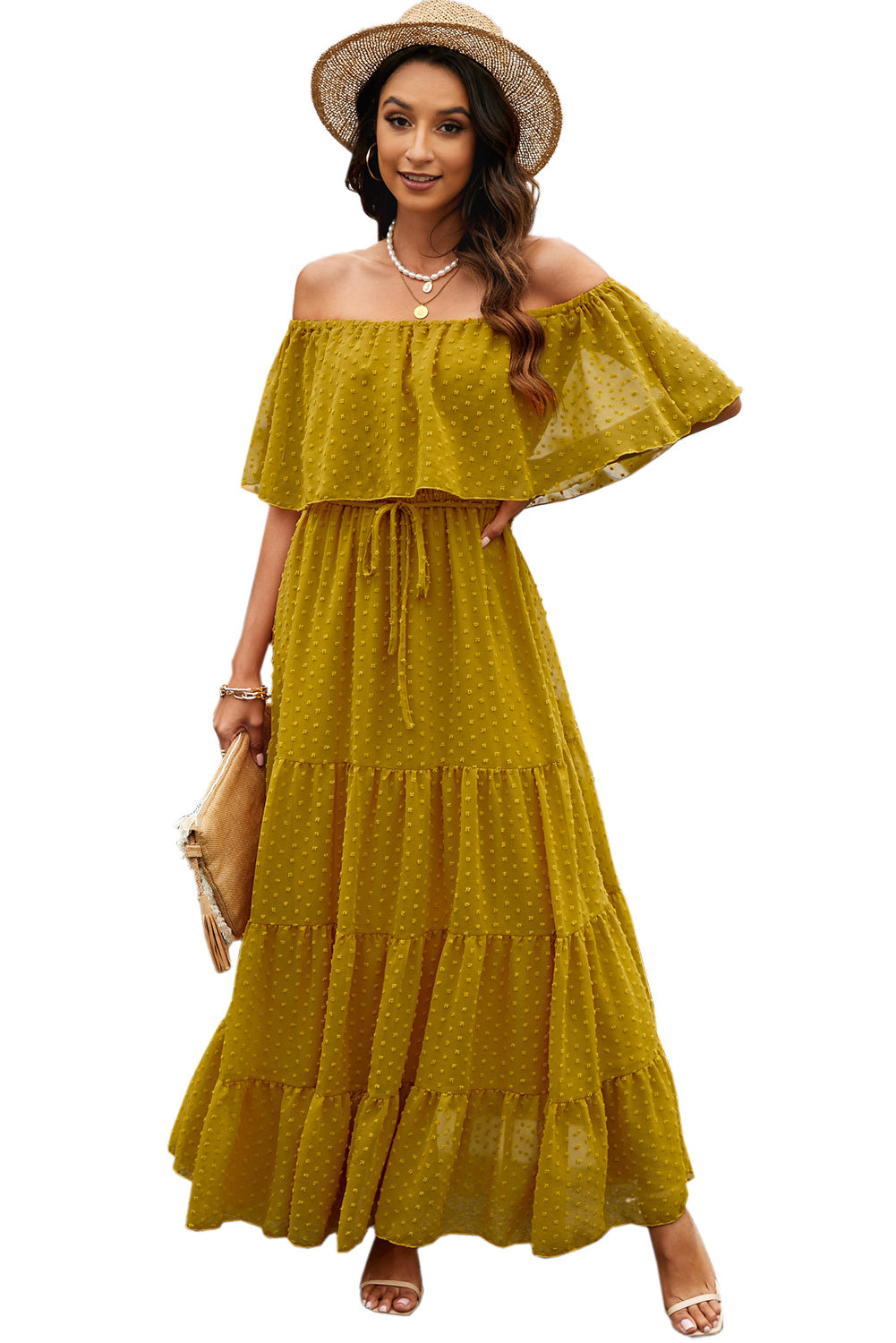 Yellow Yellow Off Shoulder Ruffle Swiss Dot Maxi Dress