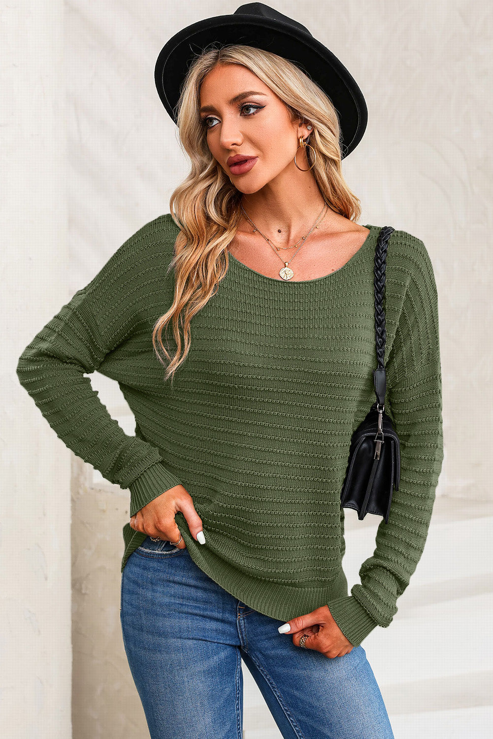 Pull vert texturé à col rond et manches dolman