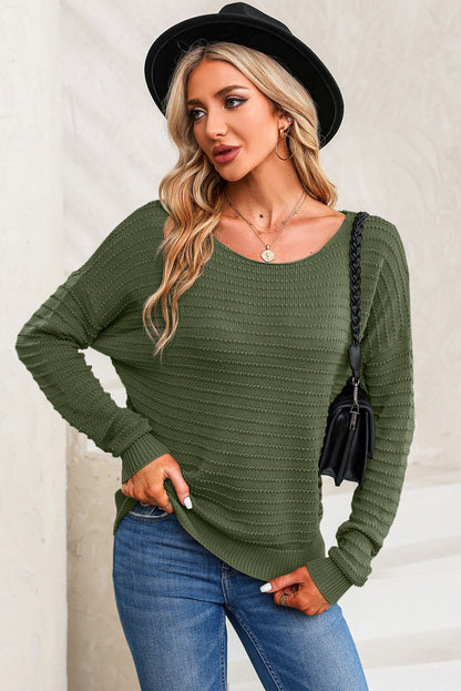 Pull vert texturé à col rond et manches dolman