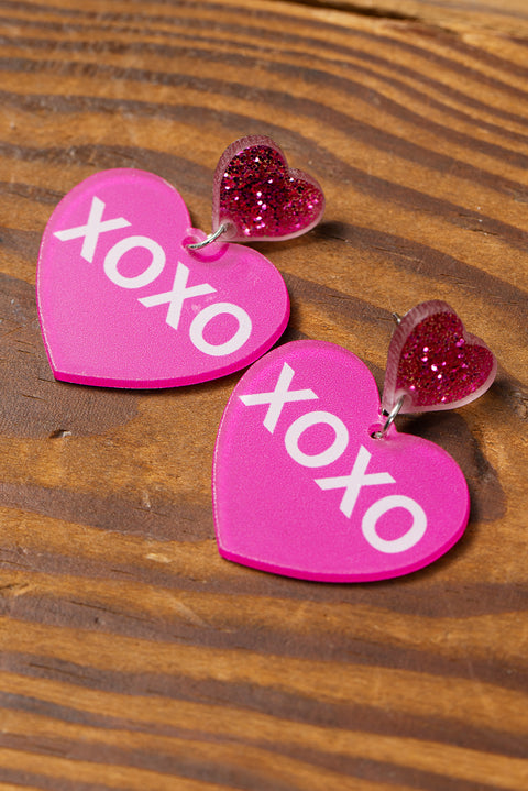 Rose Red Valentine XOXO Print Double Heart Shape Earrings