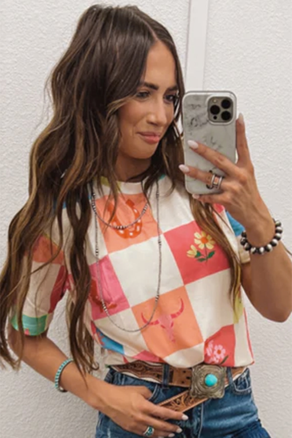 T-shirt à col rond orange à imprimé carreaux Western Fashion