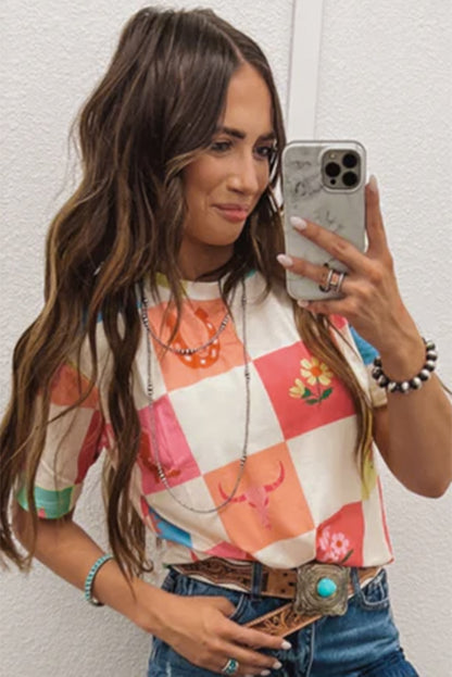 T-shirt à col rond orange à imprimé carreaux Western Fashion