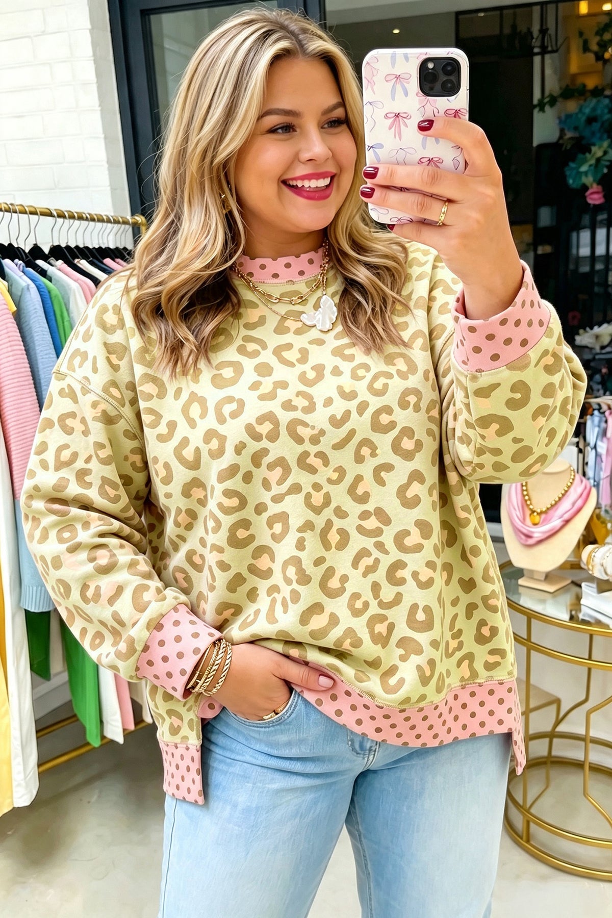 Khaki Plus Size Leopard Print Contrast Polka Dot Trim Long Sleeve Top