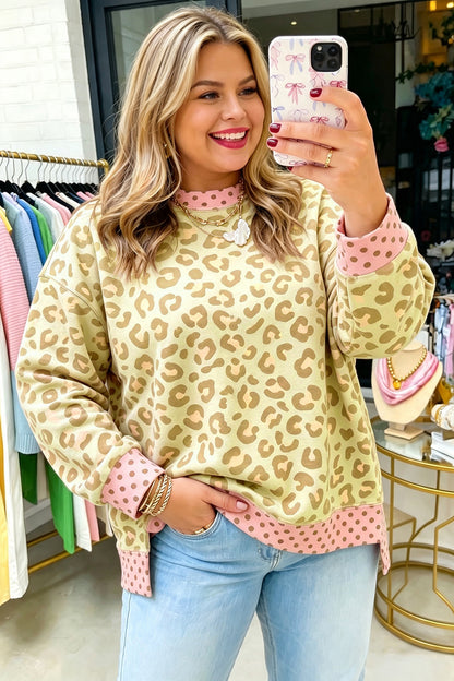 Khaki Plus Size Leopard Print Contrast Polka Dot Trim Long Sleeve Top