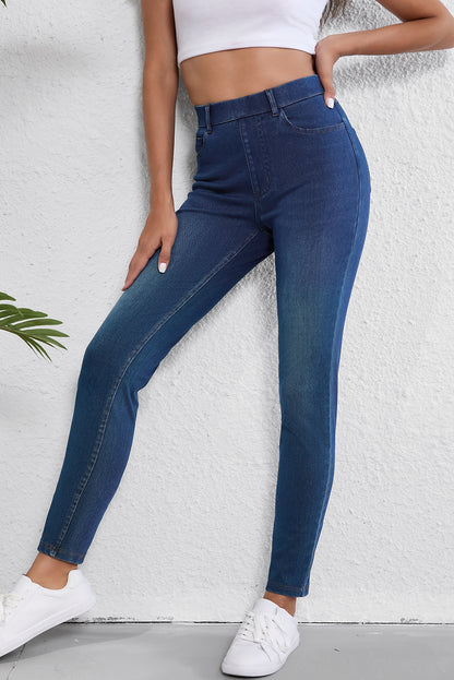 Jean décontracté Ashleigh bleu à poches multiples, coupe droite, délavé, extensible et en tricot