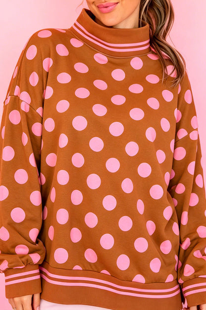 Brown Polka Dot Striped Trim Mock Neck Sweatshirt