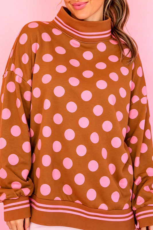 Brown Polka Dot Striped Trim Mock Neck Sweatshirt