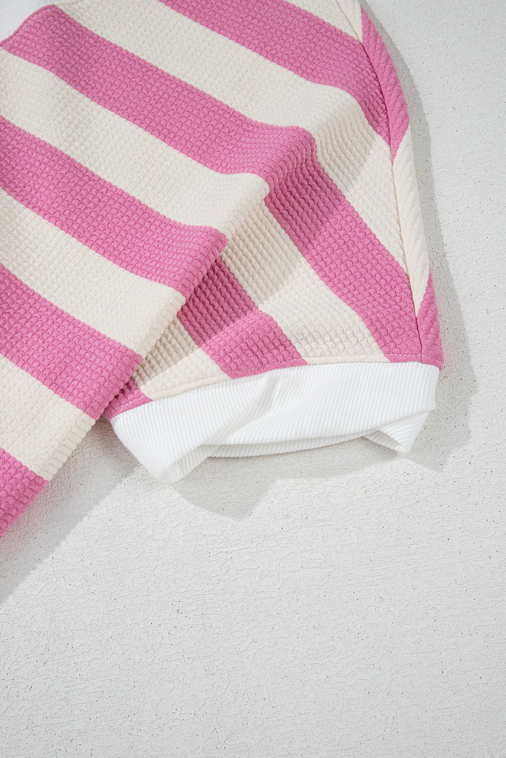 Pink Stripe Patchwork Textured Short Sleeve High Low Loose Top