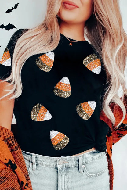 T-shirt d'Halloween à motif triangle à paillettes noires