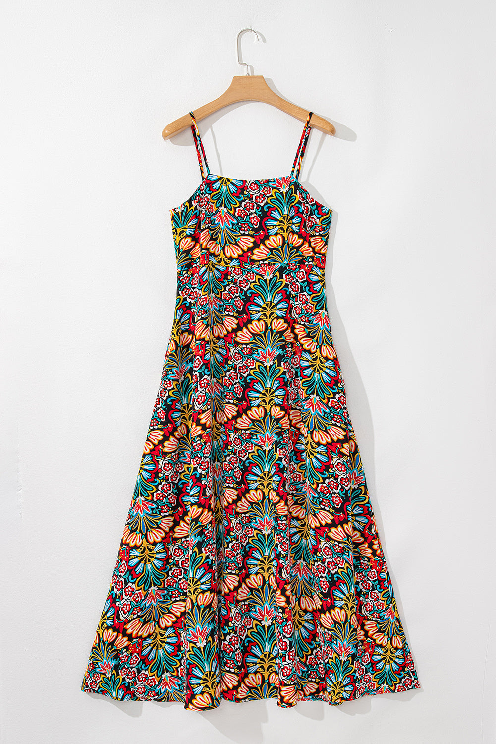 Robe longue noire à imprimé floral bohème, bretelles fines, sans manches, taille haute