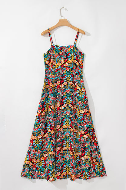 Robe longue noire à imprimé floral bohème, bretelles fines, sans manches, taille haute