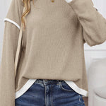 Beige Contrast Color Trim Knit Drop Shoulder Loose Top