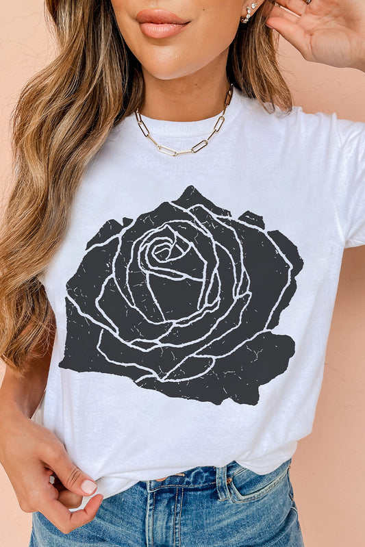 T-shirt col rond blanc à imprimé grandes roses