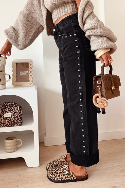 Black Studded Detail Straight Leg Casual Loose Jeans
