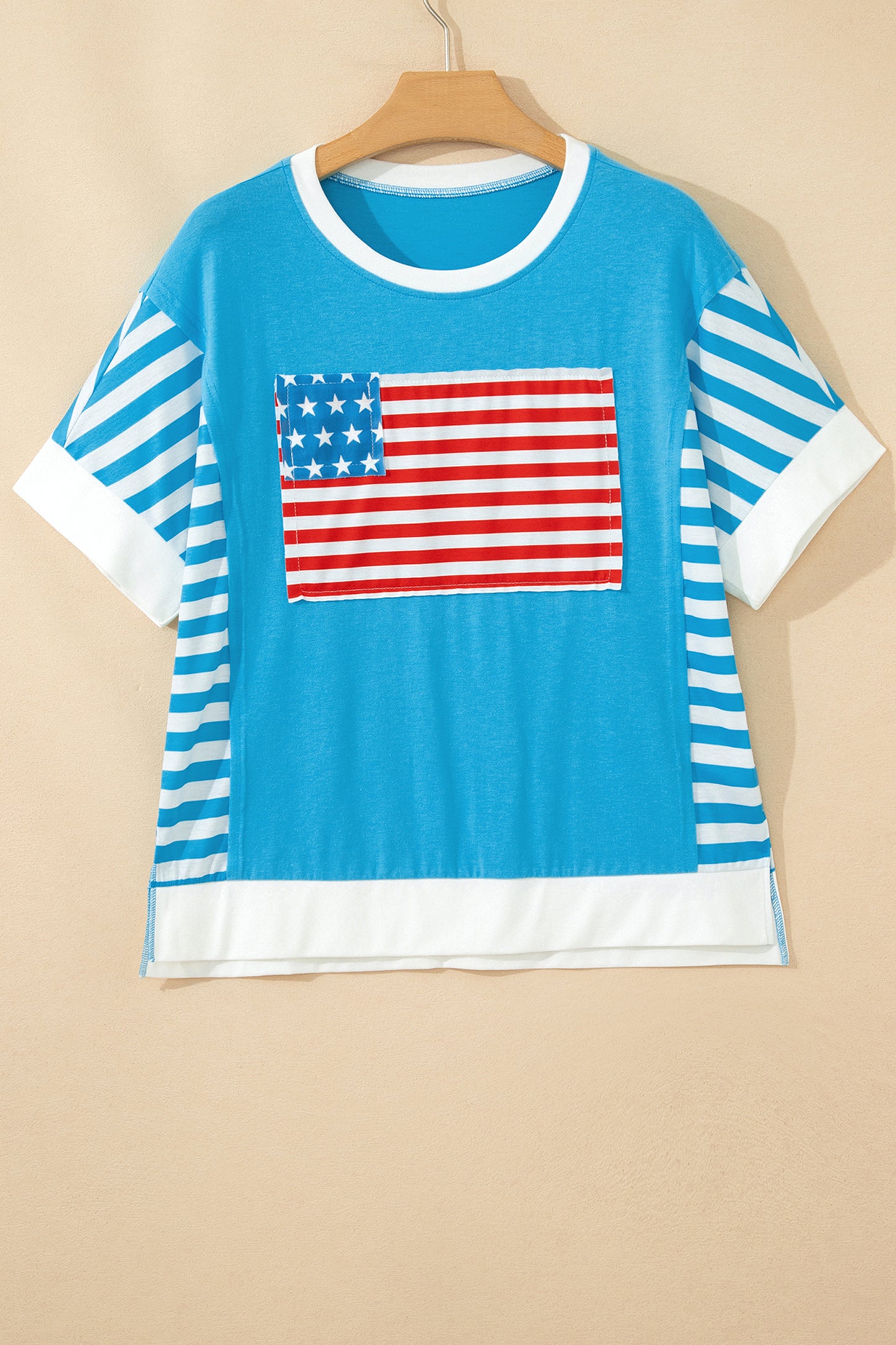 Light Blue Flag Print Patchwork Colorblock July 4th T Shirt