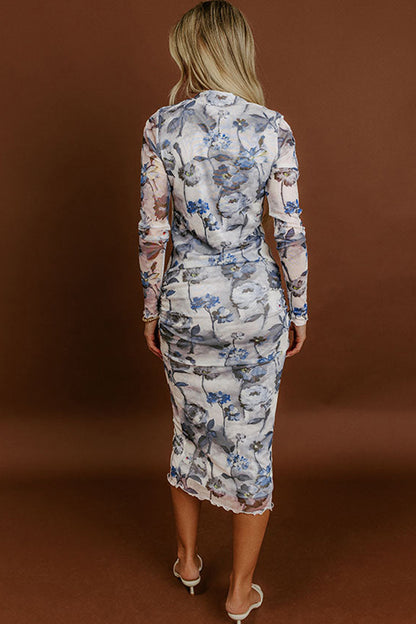 Sky Blue Floral Print Sheath Elegant Long Sleeve Dress