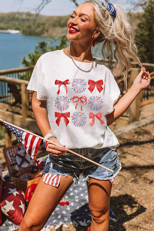 White July 4th Celerbration Bowknot Firework Graphic Tee