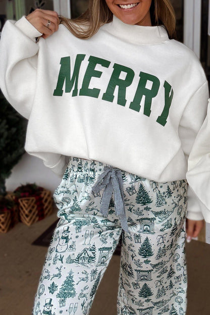 White MERRY/CHRISTMAS Reversible Print Mock Neck Baggy Pullover Sweatshirt