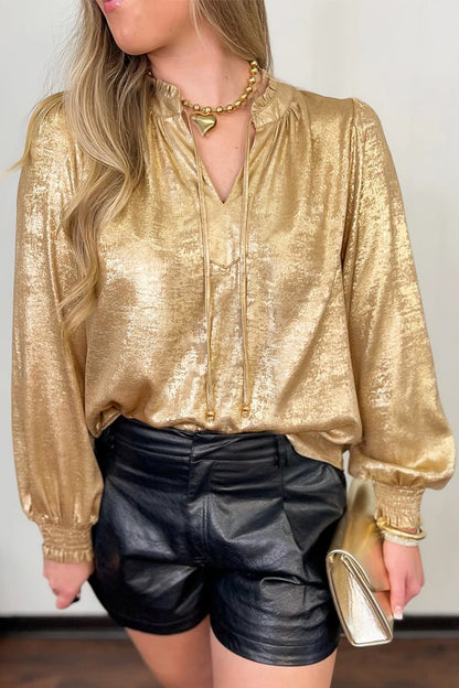 Gold Metallic Sheen V Neck Gathered Cuff Long Sleeve Blouse