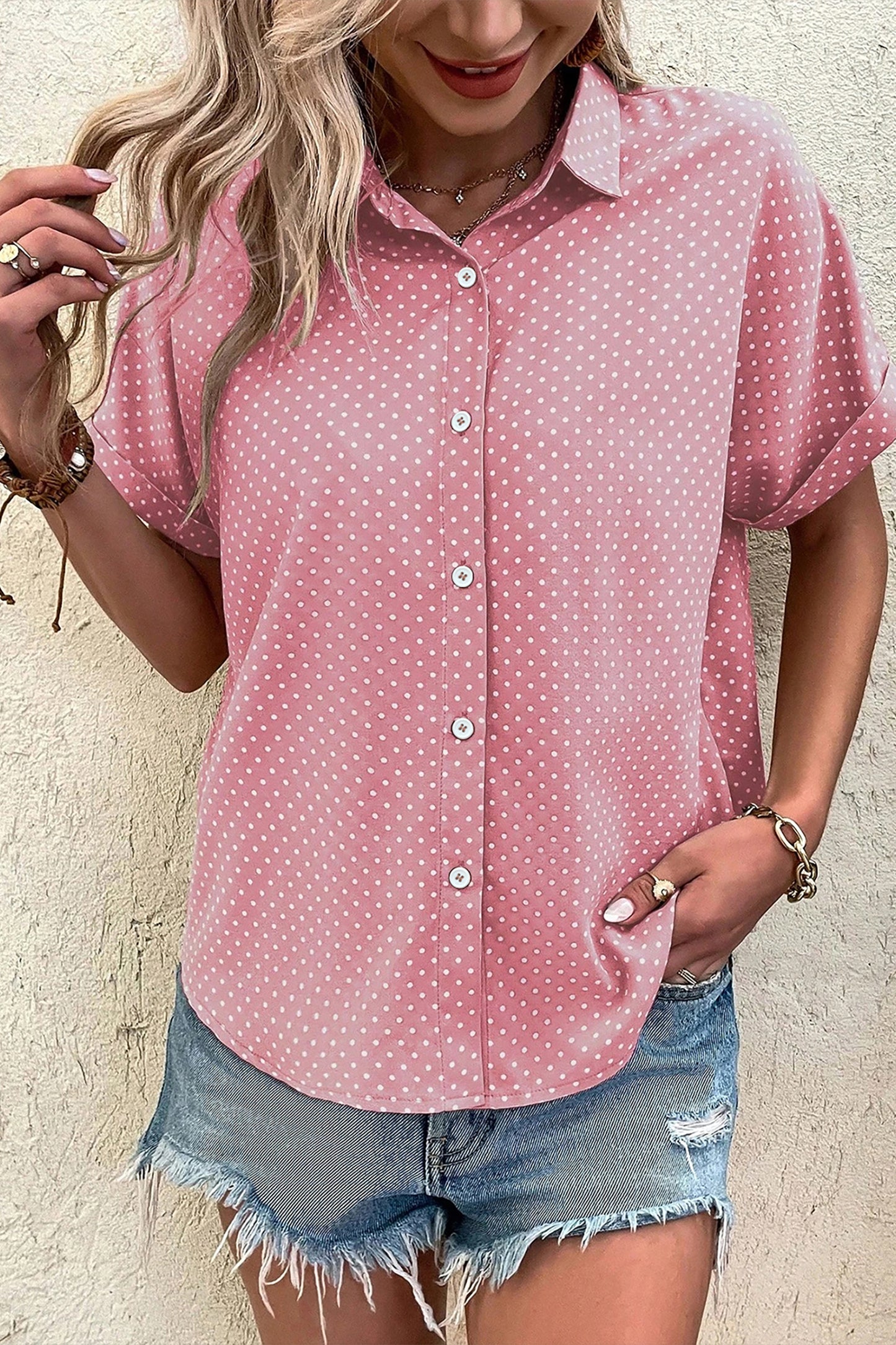 Pink Dotted Print Cuffed Short Sleeve Shirt