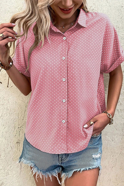 Pink Dotted Print Cuffed Short Sleeve Shirt