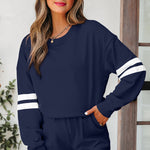 Navy Blue Varsity Striped Sleeve Drop Shoulder Sweatshirt and Short Set