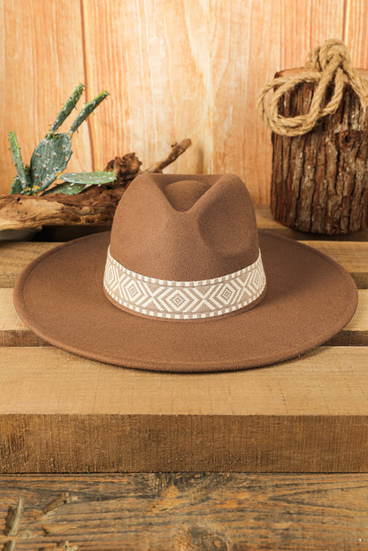 Sombrero Fedora plano retro con bordado azteca marrón