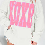 White Bow Sequin XOXO Letter Graphic Exposed Seam Baggy Sweatshirt