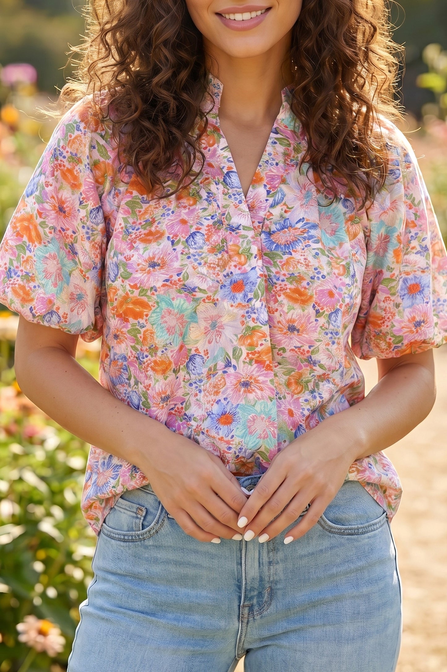 Pink Floral Print V Neck Short Sleeve Shift Blouse