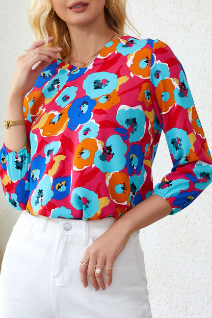Blusa con cuello en V y manga 3/4 con estampado floral multicolor 