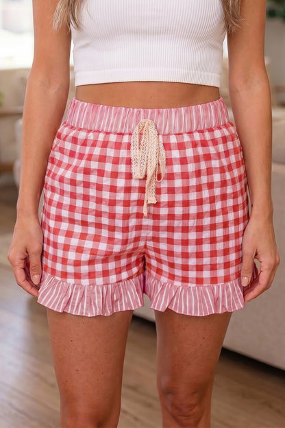 Pink Gingham Print Ruffle Striped Detail Lace Tie Shorts