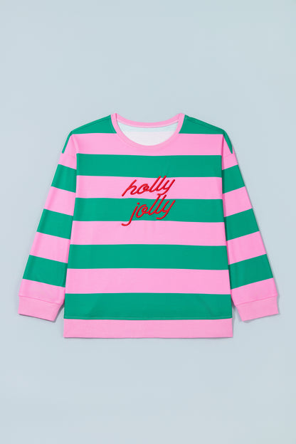 Green Stripe Festive Holly Jolly Printed Casual Plus Size Sweatshirt