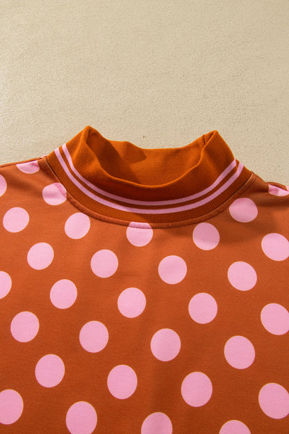 Brown Polka Dot Striped Trim Mock Neck Sweatshirt