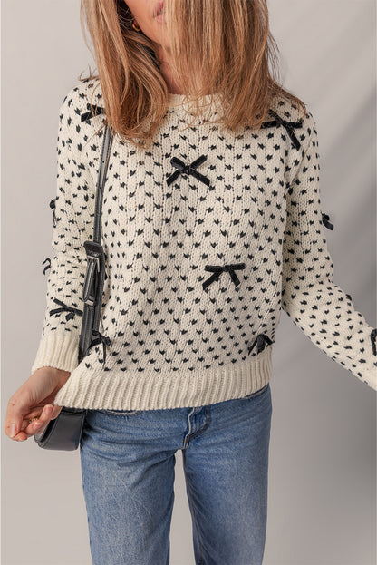 Beige Bow Decor Color Contrast Ribbed Edge Crew Neck Sweater