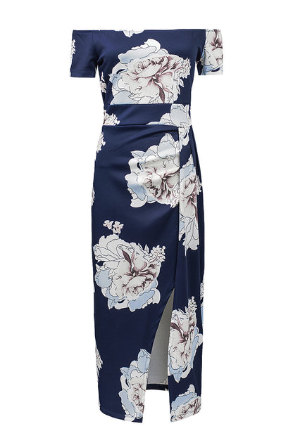 Robe mi-longue moulante fendue à épaules dénudées et imprimé floral bleu foncé