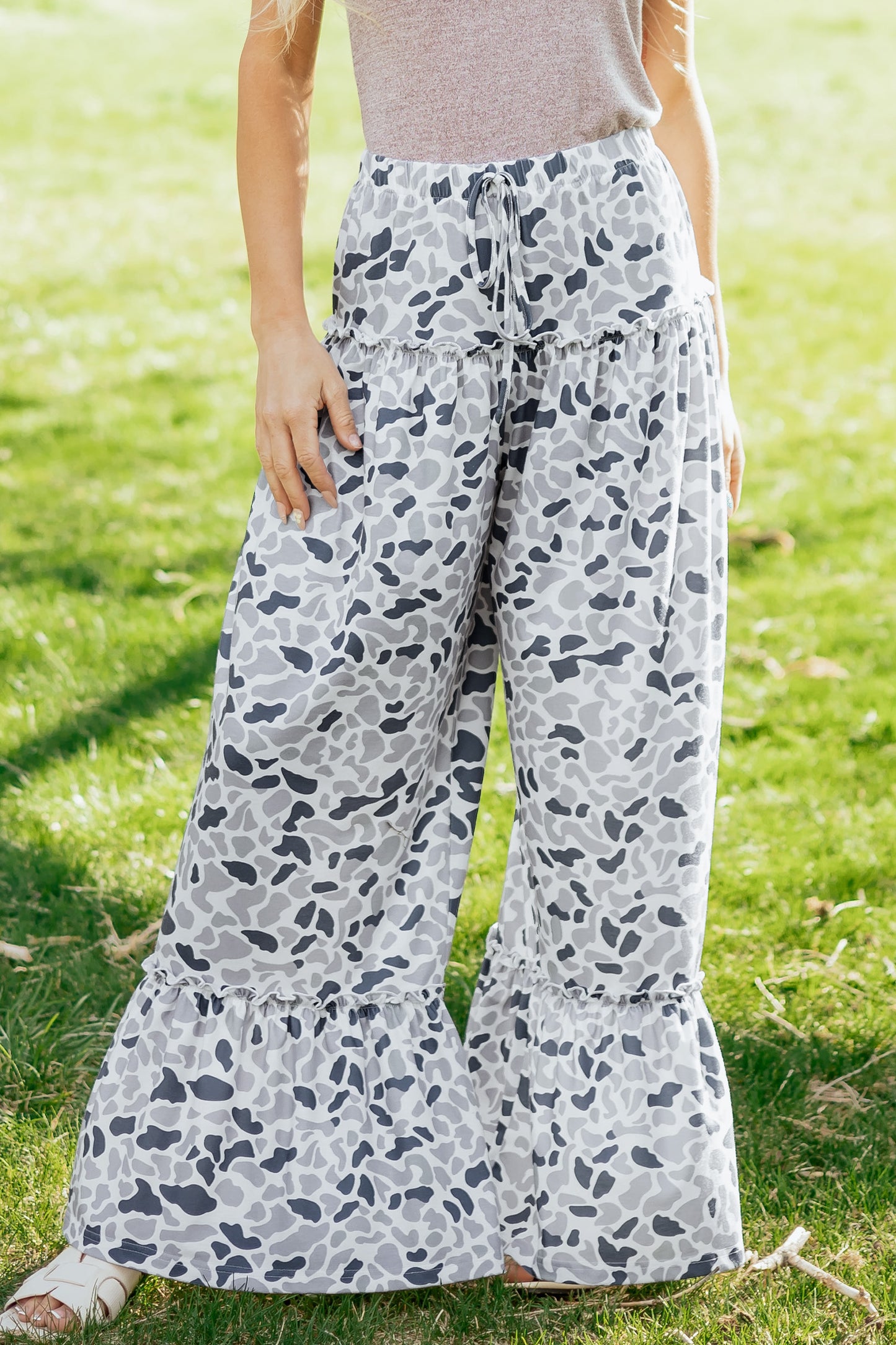 Brown Camo Print Wide Leg Casual Pants