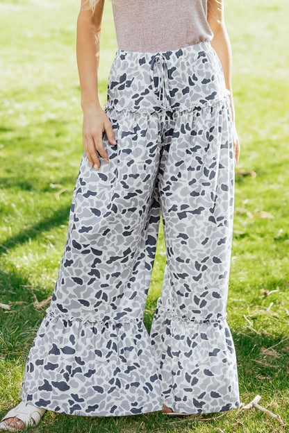 Brown Camo Print Wide Leg Casual Pants