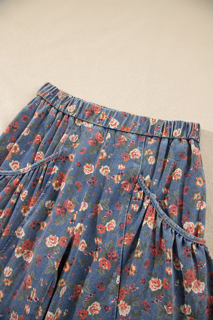 Beau Blue Retro Floral Print Elastic Waist Pocketed Barrel Jeans