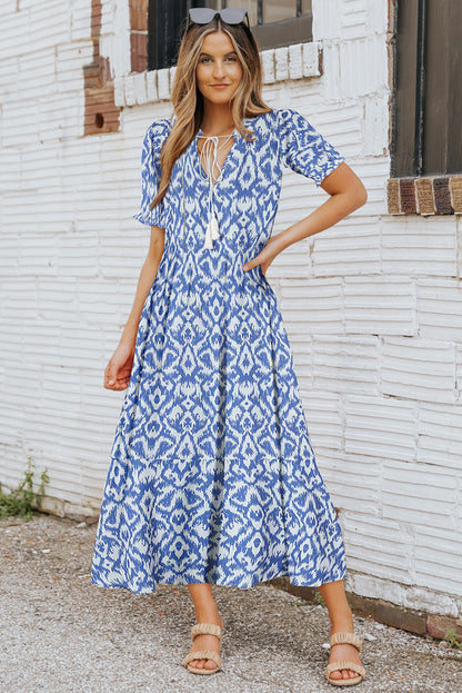 V Neck Casual Geometric Print Maxi Dress