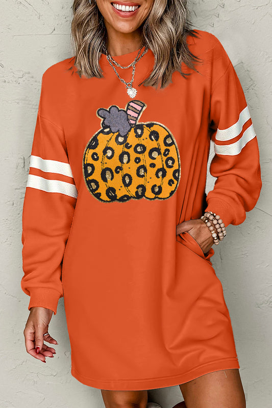 Orange Leopard Print Pumpkin Graphic Varsity Striped Long Sleeve Tunic Dress