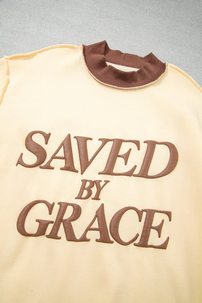 Coffee Saved By Grace Print Color Block Mock Neck Oversized Sweatshirt